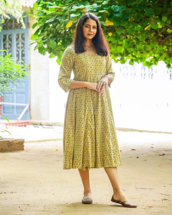 Mustard_Bagru_Butti_Print_Cotton_Angrakha_Dress