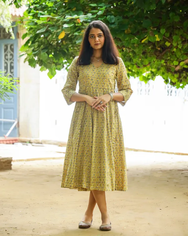 Mustard_Bagru_Butti_Print_Cotton_Angrakha_Dress
