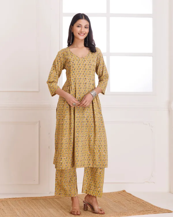 Mustard_Bagru_Hand_Block_Printed_Cotton_Pintucks_Kurta_Pant