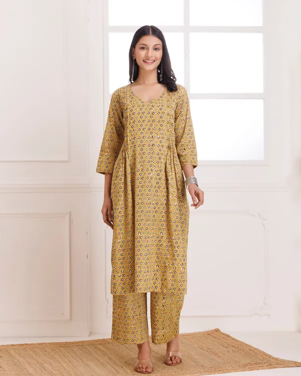 Mustard_Bagru_Hand_Block_Printed_Cotton_Pintucks_Kurta_Pant