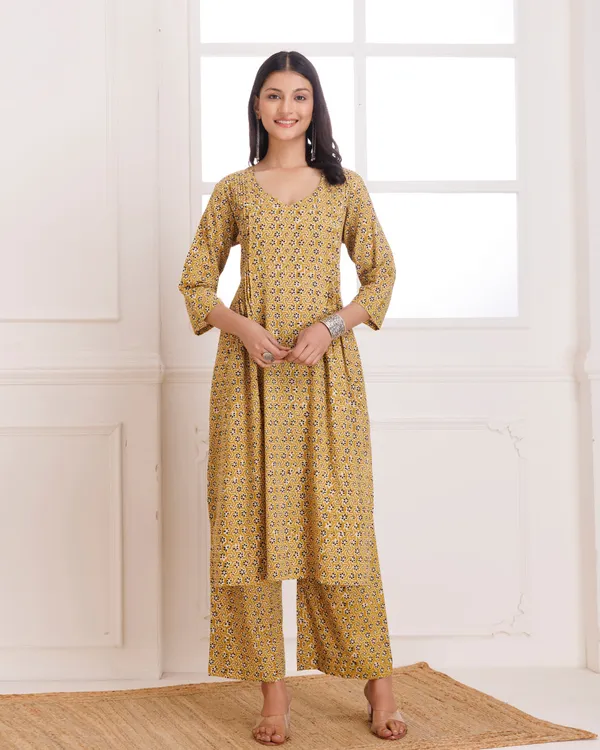 Mustard_Bagru_Hand_Block_Printed_Cotton_Pintucks_Kurta_Pant