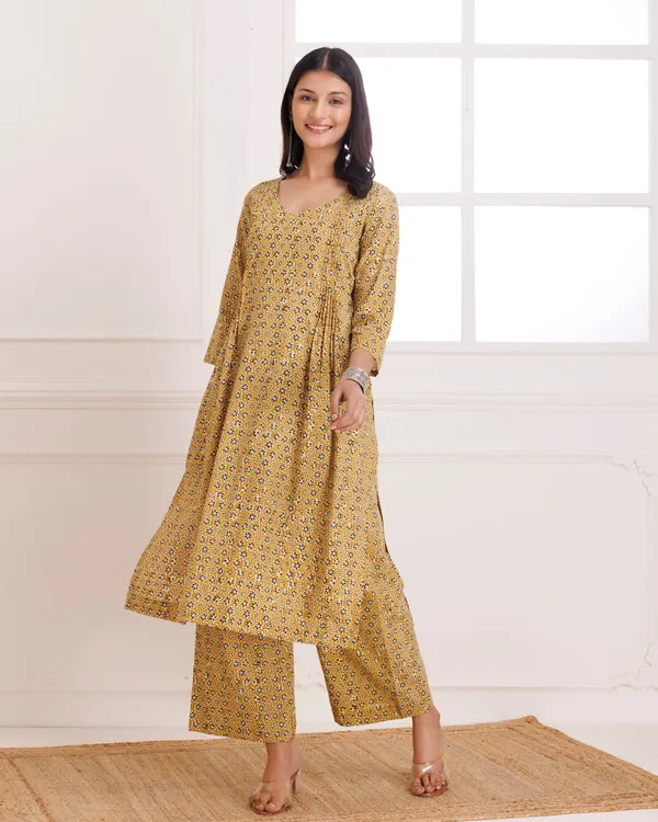 Mustard_Bagru_Hand_Block_Printed_Cotton_Pintucks_Kurta_Pant