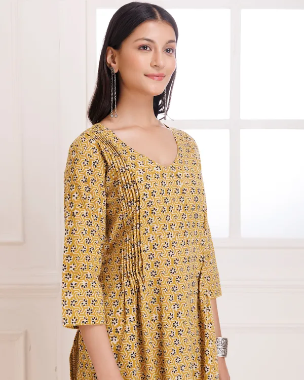 Mustard_Bagru_Hand_Block_Printed_Cotton_Pintucks_Kurta_Pant