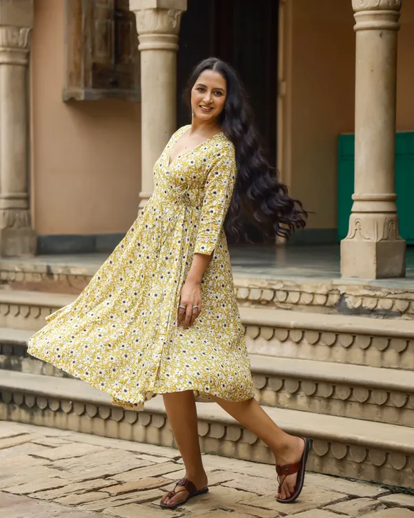Mustard_Bagru_Jaal_Print_Angrakha_Cotton_Dress