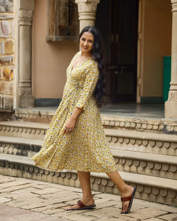 Mustard_Bagru_Jaal_Print_Angrakha_Cotton_Dress
