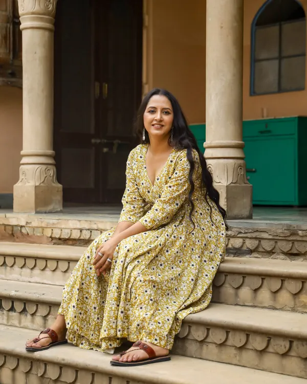 Mustard_Bagru_Jaal_Print_Angrakha_Cotton_Dress