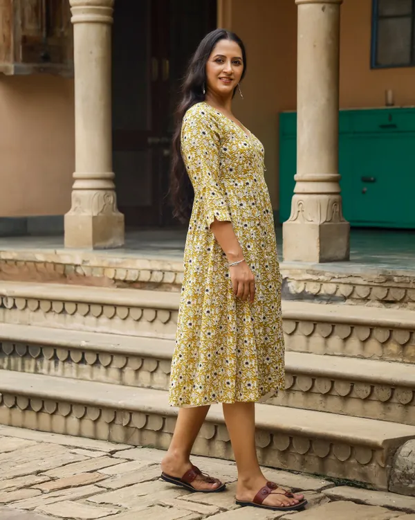 Mustard_Bagru_Jaal_Print_Angrakha_Cotton_Dress
