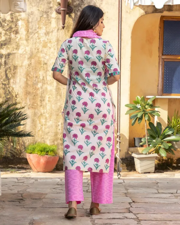 White_Block_Print_Cotton_Kurta_Pant_Set