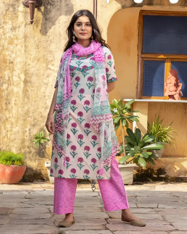 White_Block_Print_Cotton_Kurta_Pant_Set