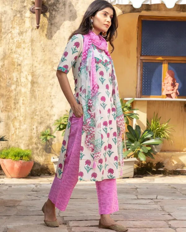 White_Block_Print_Cotton_Kurta_Pant_Set