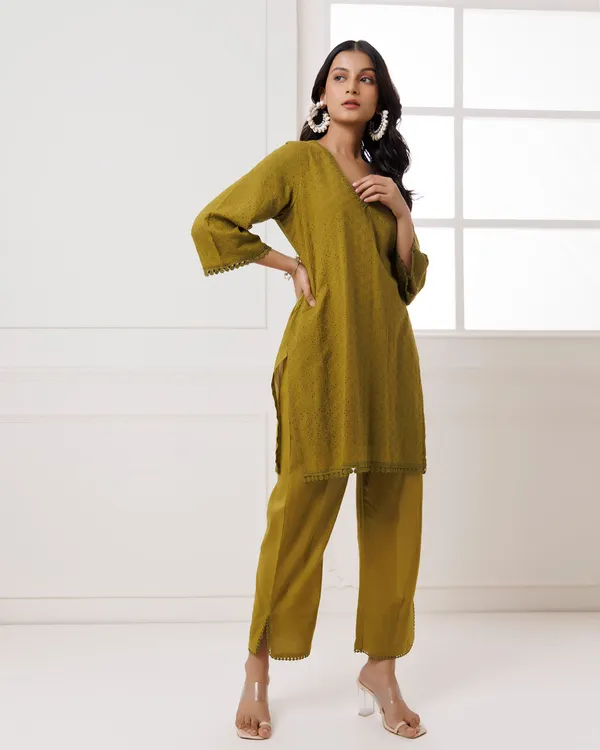 Olive_Cotton_Schiffli_Kurta_Set