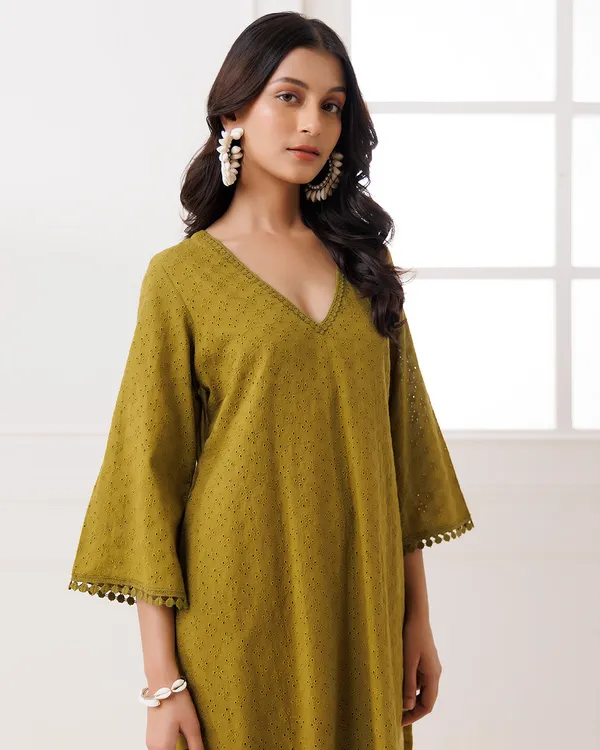Olive_Cotton_Schiffli_Kurta_Set