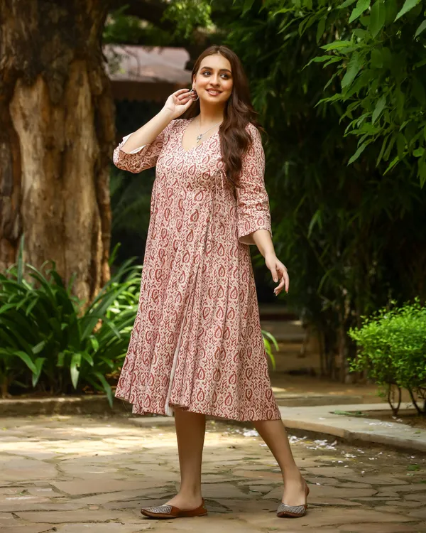 Peach_Dabu_Printed_Angrakha_Cotton_Dress