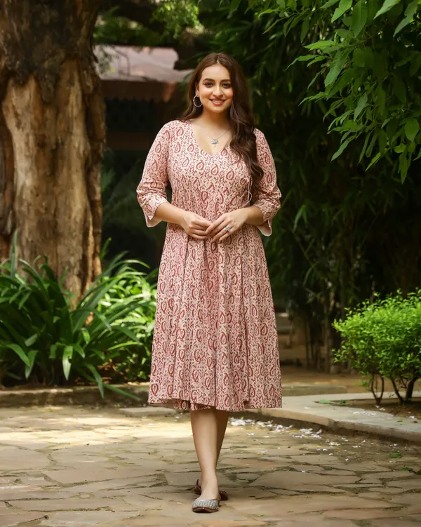 Peach_Dabu_Printed_Angrakha_Cotton_Dress