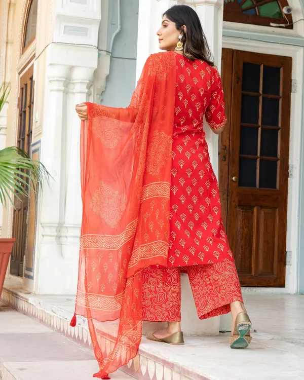 Red_Block_Butti_Print_Cotton_Kurta_Pant_Set