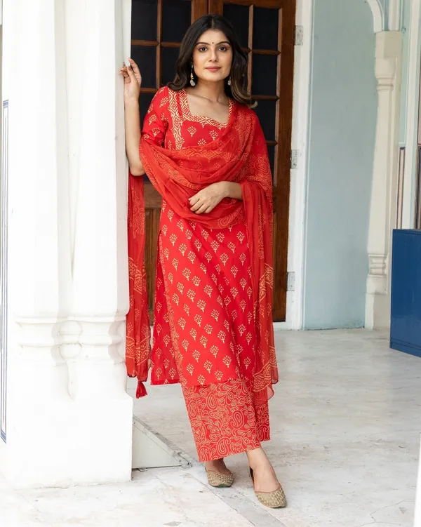 Red_Block_Butti_Print_Cotton_Kurta_Pant_Set