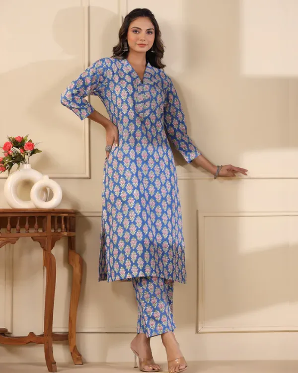 Blue_Buti_Handblock_Print_Cotton_Kurta_Pant_Set