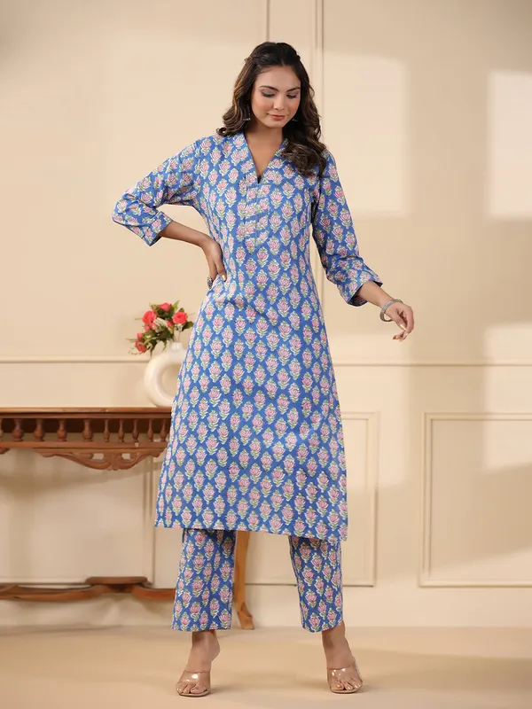 Blue_Buti_Handblock_Print_Cotton_Kurta_Pant_Set