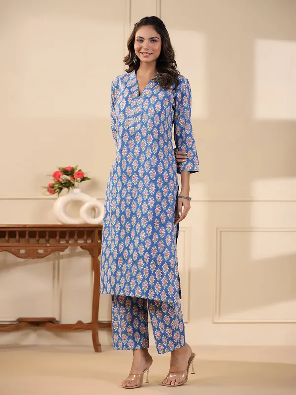Blue_Buti_Handblock_Print_Cotton_Kurta_Pant_Set