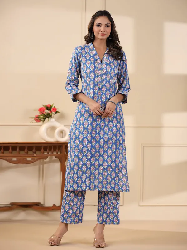 Blue_Buti_Handblock_Print_Cotton_Kurta_Pant_Set