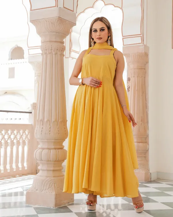 Yellow_Solid_Mulmul_Anarkali_Suit