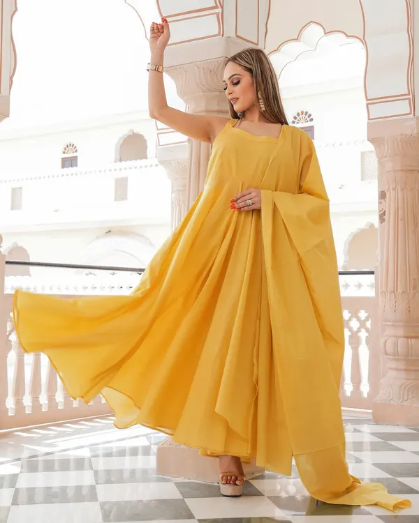 Yellow_Solid_Mulmul_Anarkali_Suit