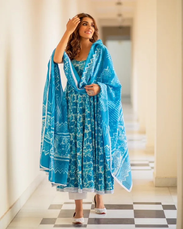 Blue_Turquoise_Dabu_Print_Cotton_Anarkali_Suit