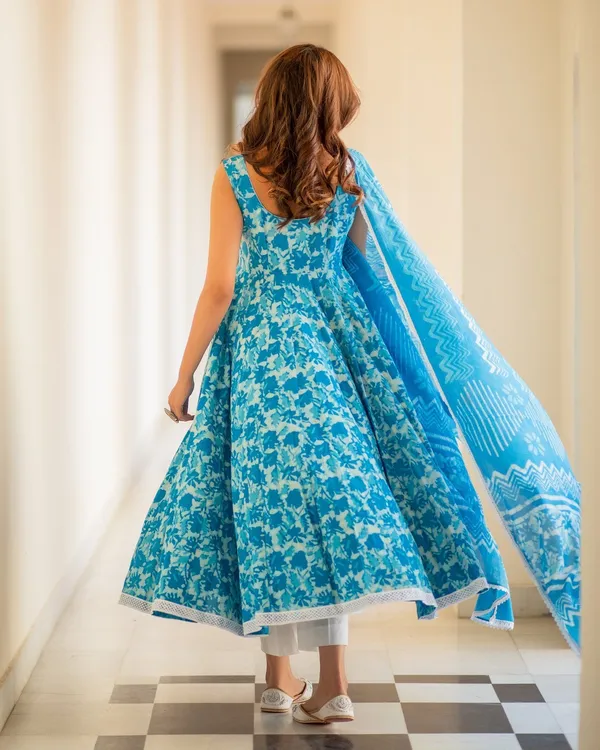Blue_Turquoise_Dabu_Print_Cotton_Anarkali_Suit
