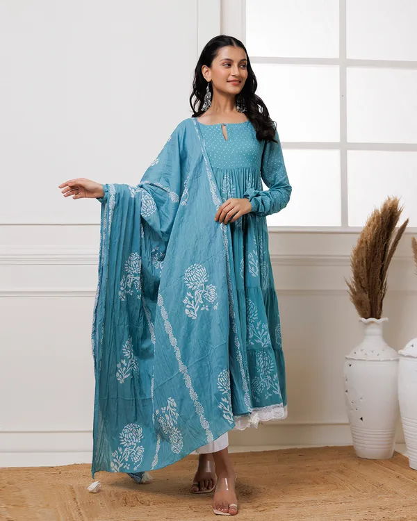 Blue_Turquoise_Handblock_Printed_Cotton_Anarkali_Suit