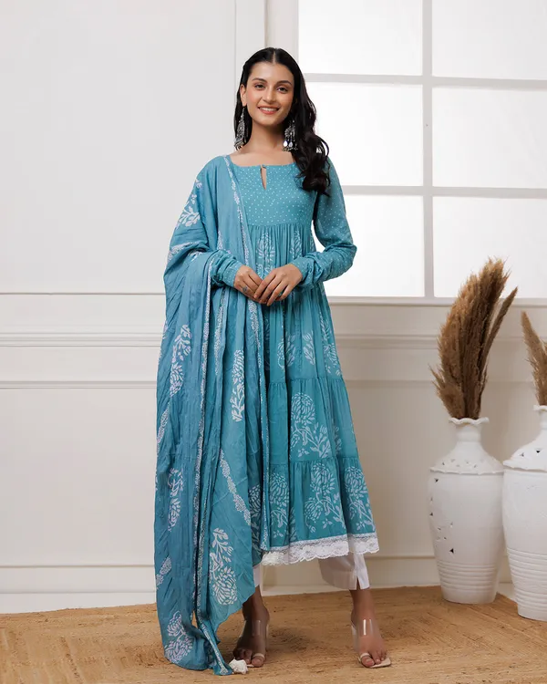 Blue_Turquoise_Handblock_Printed_Cotton_Anarkali_Suit