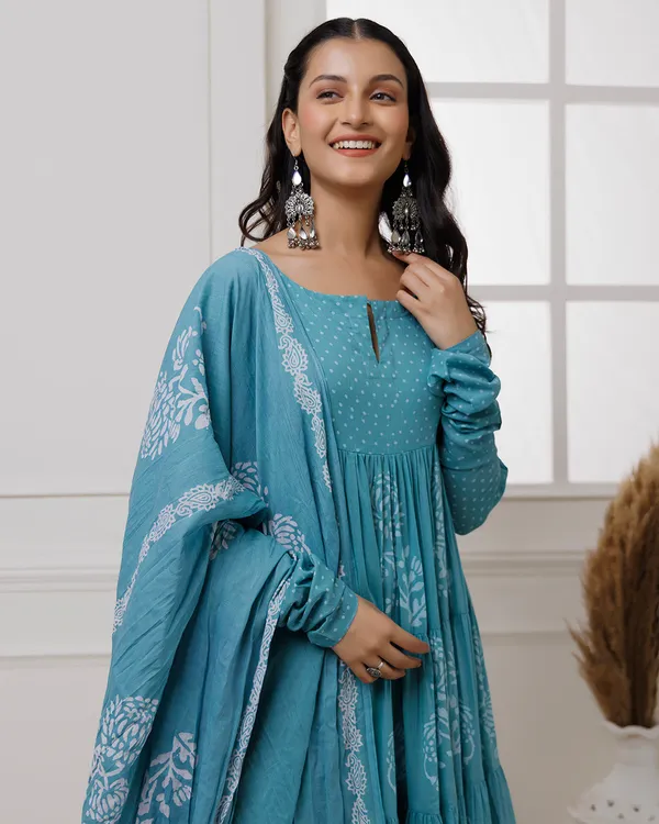 Blue_Turquoise_Handblock_Printed_Cotton_Anarkali_Suit