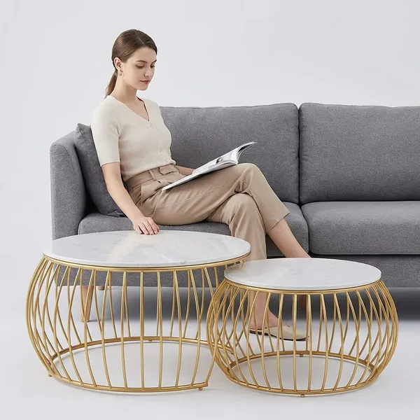 Gold-Tone_Wire_Frame_Coffee_Table_Set_With_White_Marble_Top_(Set_Of_2)