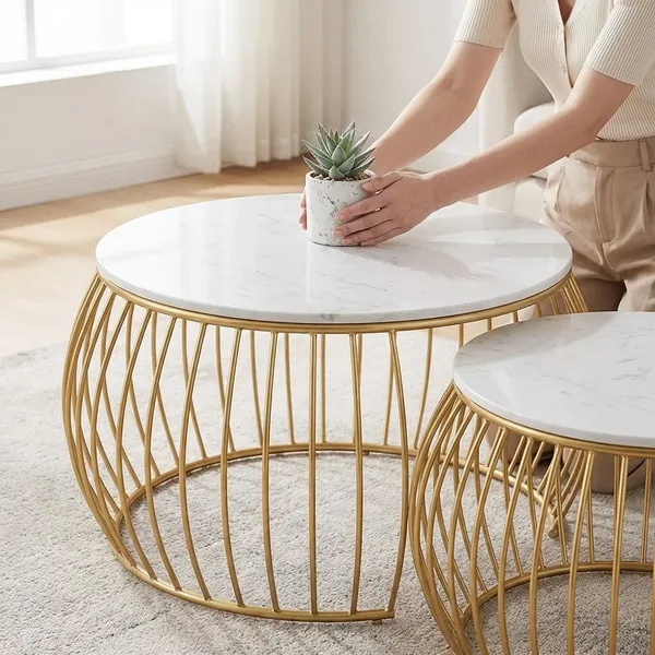 Gold-Tone_Wire_Frame_Coffee_Table_Set_With_White_Marble_Top_(Set_Of_2)