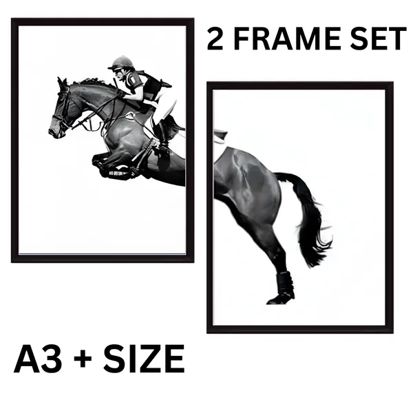 Black_and_White_Horse_Jumping_Wall_Art,_Set_of_2_Framed_Prints,_Equestrian_Theme,_A3+_Size