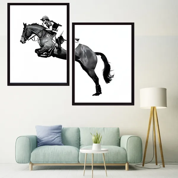 Black_and_White_Horse_Jumping_Wall_Art,_Set_of_2_Framed_Prints,_Equestrian_Theme,_A3+_Size
