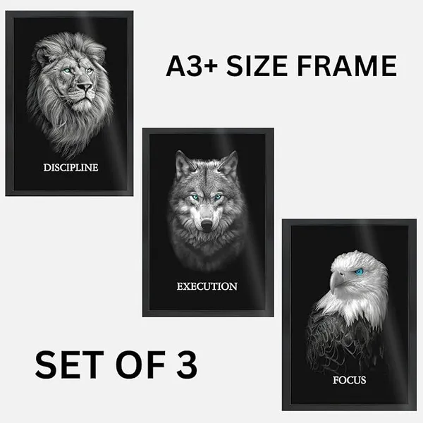 Motivational_Wall_Art_Set_of_3,_A3+_Black_Framed_Posters,_Lion_Wolf_Eagle,_Discipline_Execution_Focus_Theme