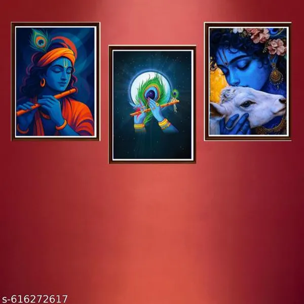 Krishna_Wall_Art_Set_Of_3_Divine_Spiritual_Framed_Paintings_Blue_Orange_Theme_Prints_For_Home_Office_Decor