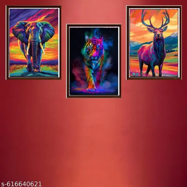 Vibrant_Wildlife_Wall_Art_Set_Of_3_Colourful_Animal_Paintings_Deer_Tiger_Elephant_Framed_Canvas_Prints_For_Home_Office_Decor