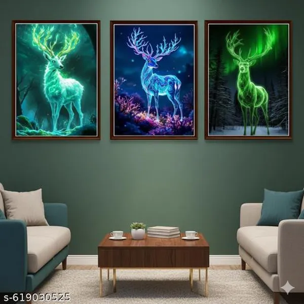 Glowing_Deer_In_Forest_Wall_Art_Set_Of_3_Frames_Blue_Green_Natures_Canvas_Paintings_Modern_Framed_Wildlife_Decor_For_Living_Room_Bedroom_Office