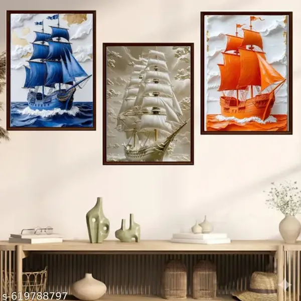 3D_Sailing_Ship_Wall_Art_Set_Of_3_Orange_Blue_Coastal_Canvas_Frames_Framed_Nautical_Wall_Decor_For_Living_Room_Bedroom