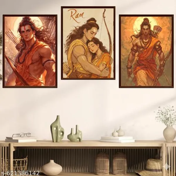 Indian_Mythology_Wall_Art_Set_Of_3_Traditional_Epic_Scene_Framed_Prints_Orange_Brown_Cultural_Canvas_Decor_For_Home_Office
