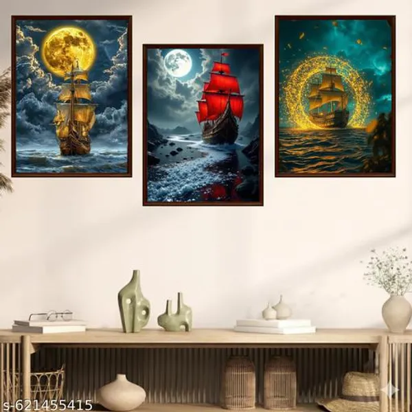 Fantasy_Ship_Wall_Art_Frame_Set_Of_3_Full_Moon_Sailing_Ships_Framed_Prints_Brown_Frame_Nautical_Wall_Decor_For_Home_Office