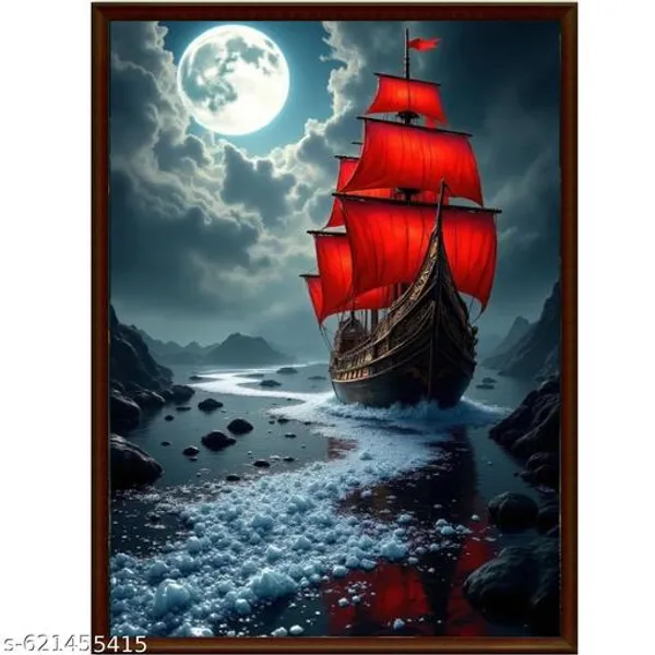 Fantasy_Ship_Wall_Art_Frame_Set_Of_3_Full_Moon_Sailing_Ships_Framed_Prints_Brown_Frame_Nautical_Wall_Decor_For_Home_Office