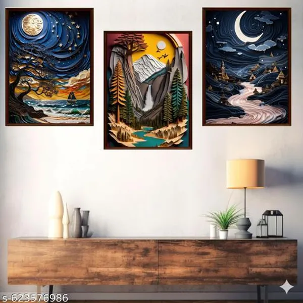 3D_Paper_Art_Wall_Decor_Set_Of_3_Natures_Landscape_Framed_Pictures_Day_Night_Scene_Modern_Home_Office_Wall_Decor