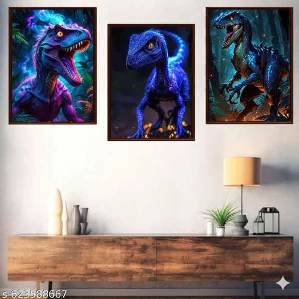 Dinosaur_Wall_Art_Set_Of_3_Fantasy_Night_Scene_Canvas_Prints_Kids_Room_Framed_Pictures_For_Home_Decor