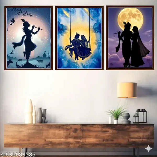Divine_Radiance_Wall_Art_Set_Of_3_Frames_Traditional_Indian_Silhouette_Paintings_Blue_Gold_Moonlight_Theme_Framed_Canvas_Home_Bedroom_Decor