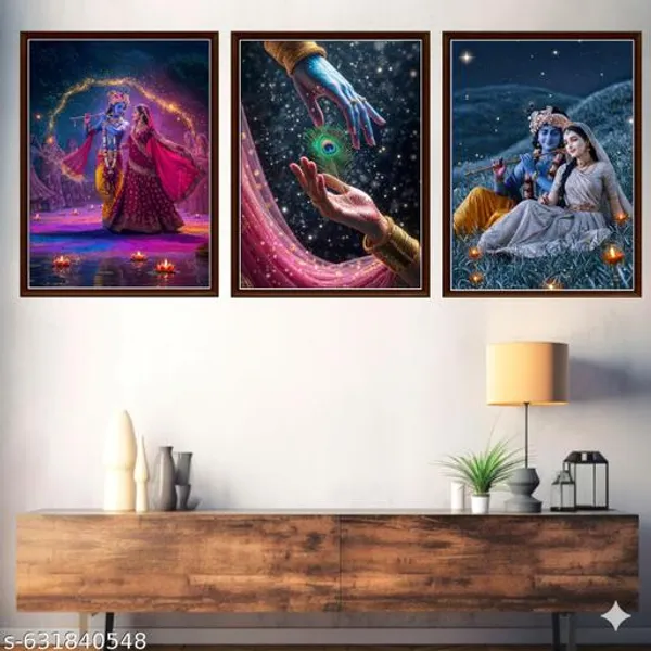 Radha_Krishna_Wall_Art_Set_Of_3_A4_Framed_Spiritual_Canvas_Prints_Traditional_Indian_Home_Temple_Decor_Brown_Frame