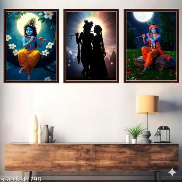 Radha_Krishna_Wall_Art_Set_Of_3_Frames_Full_Moon_Night_Spiritual_Canvas_Prints_A4_Framed_Hindu_Home_Temple_Decor