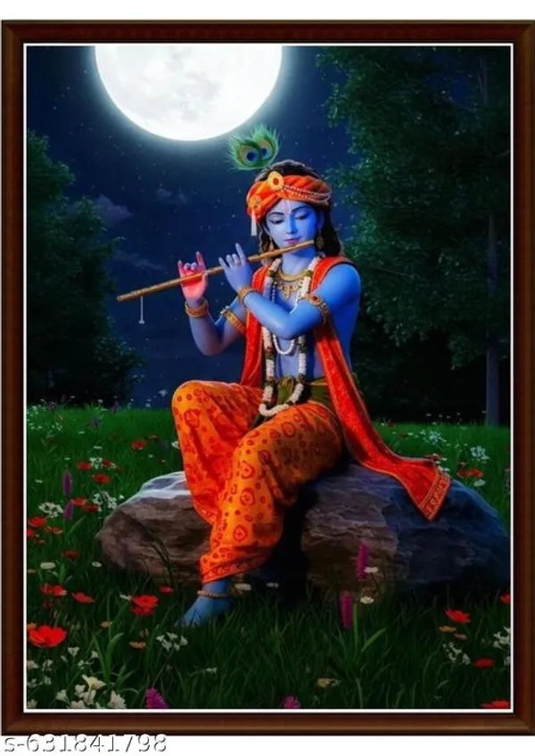 Radha_Krishna_Wall_Art_Set_Of_3_Frames_Full_Moon_Night_Spiritual_Canvas_Prints_A4_Framed_Hindu_Home_Temple_Decor