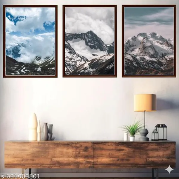 Snow_Mountain_Wall_Art_Set_Of_3_Frames_Framed_Natures_Landscape_Canvas_Prints_Brown_Frame_Living_Room_Decor